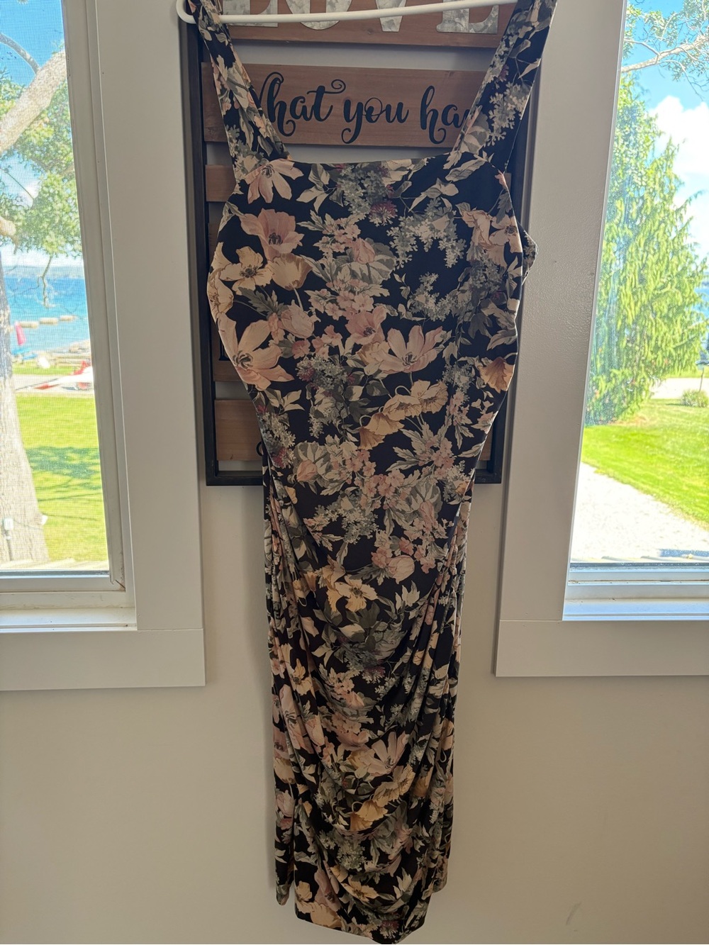 Maurices Black Ruched Maxi Dress with Pink and Cream Floral Print